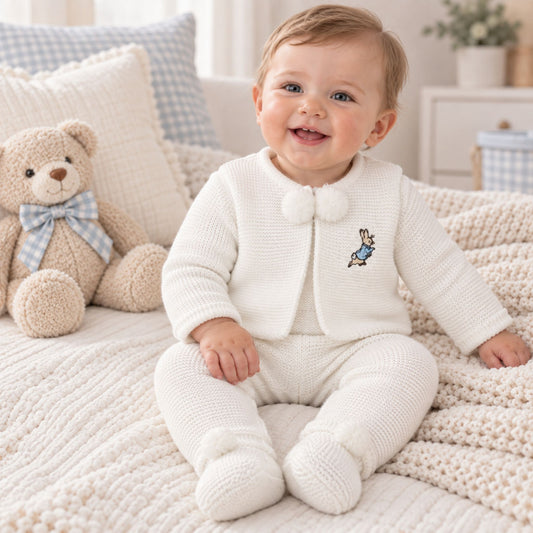 Dandelion Baby White Knitted Two Piece Pram Suit - With Rabbit