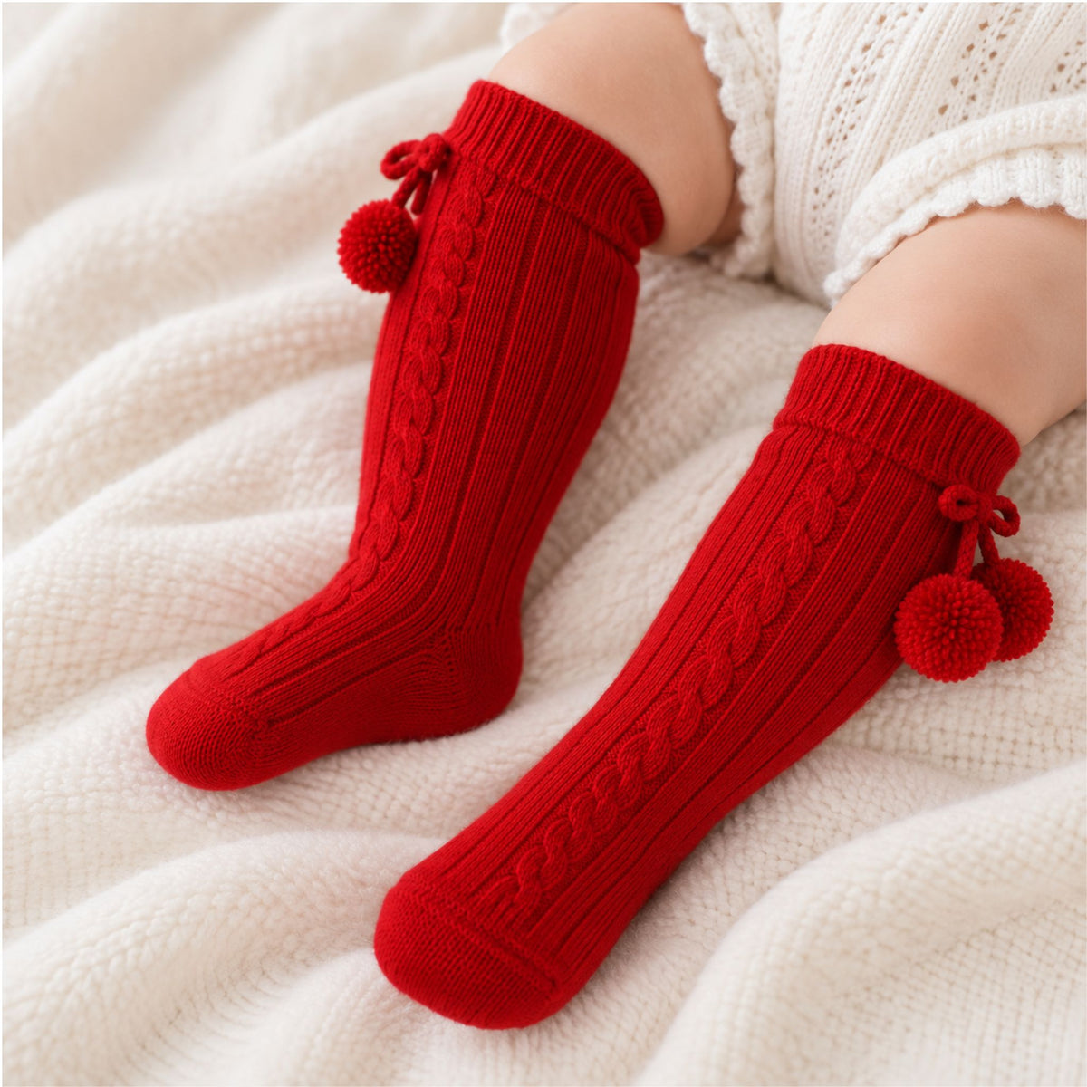 Baby Boy Red Pom Pom Knee High Socks