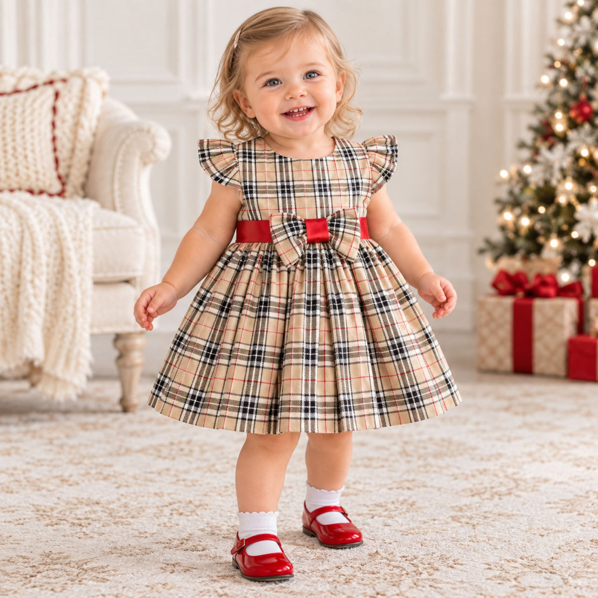 A toddler girl stands in a decorated living room wearing a beige plaid dress with a red waistband and bow, white socks, and red Mary Jane shoes. A Christmas tree and wrapped gifts are visible in the background.