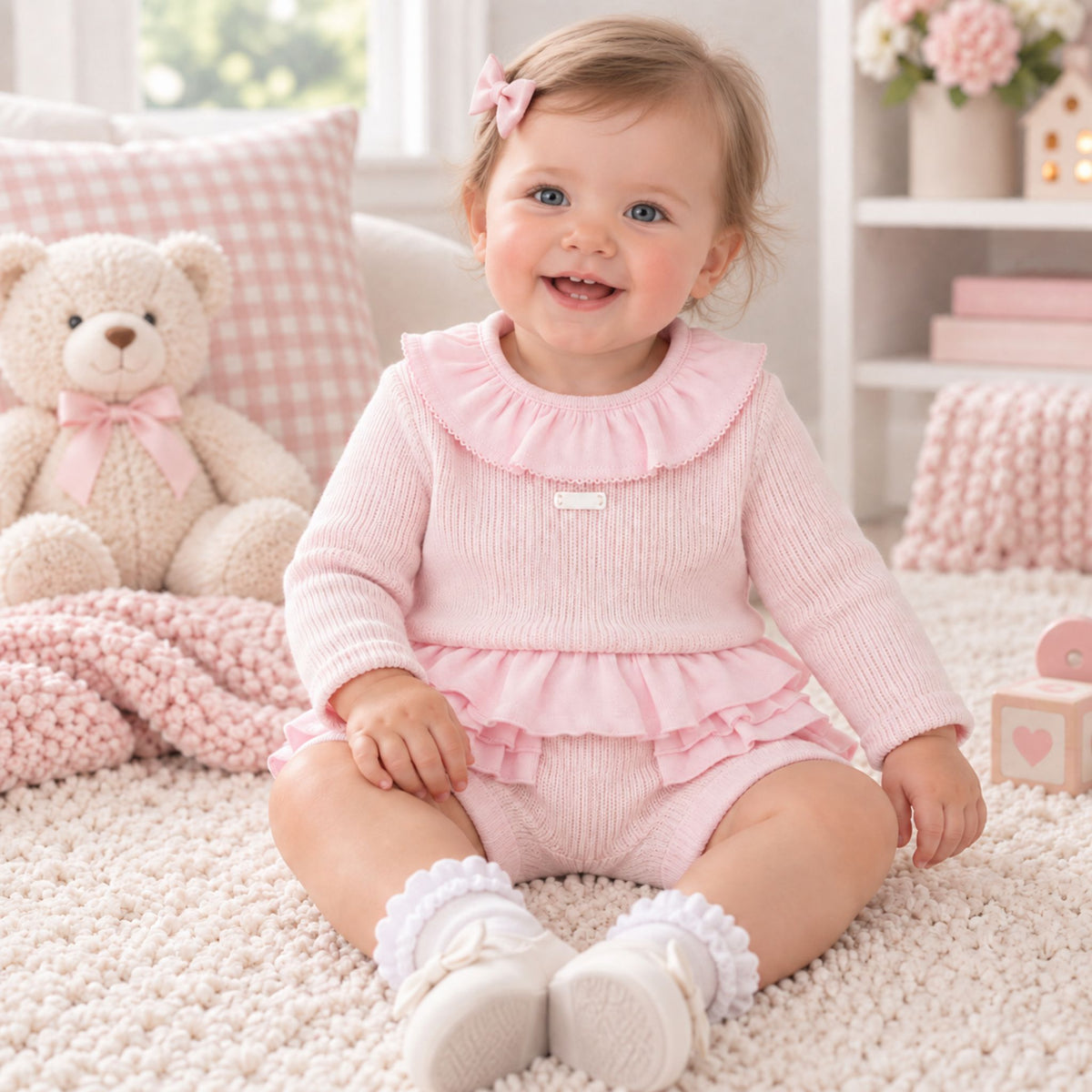 Amore Baby Girls Pink Knitted Top & Shorts Outfit