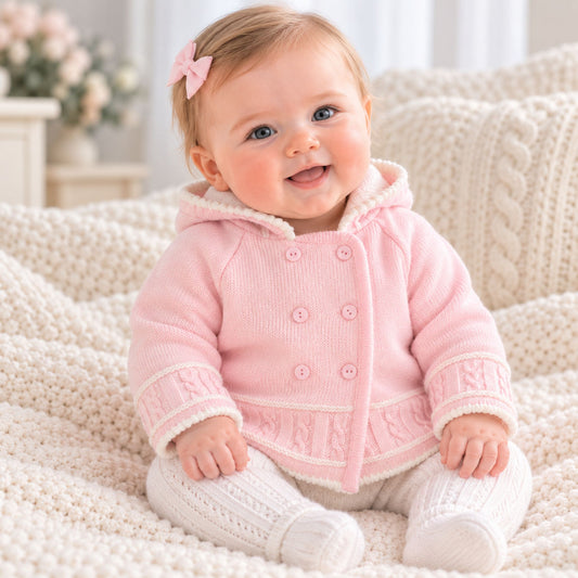 A smiling baby sitting on a cream cable-knit blanket, wearing a pink knitted hooded cardigan with cream trim and white knit booties. The baby has a small pink bow in their hair.