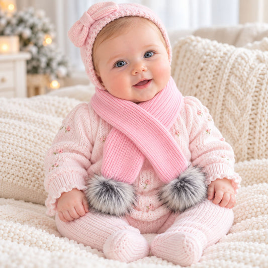 pink baby scarf with fur poms