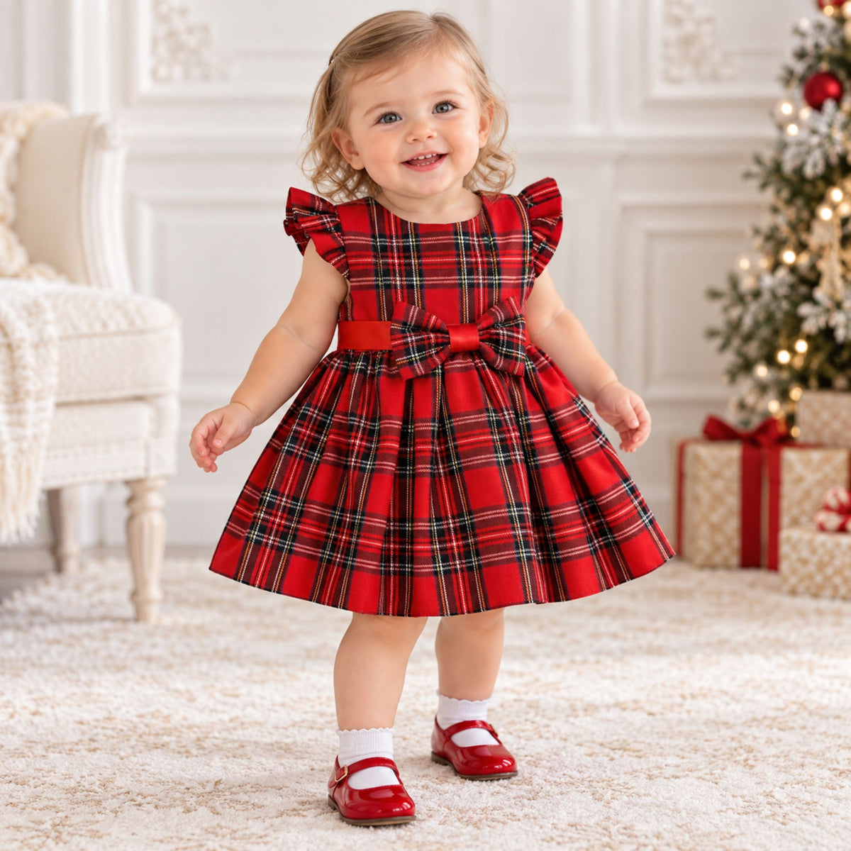 A toddler girl wearing a red plaid dress with ruffled sleeves and a large bow at the waist, standing in a decorated holiday room with a Christmas tree and wrapped gifts in the background.