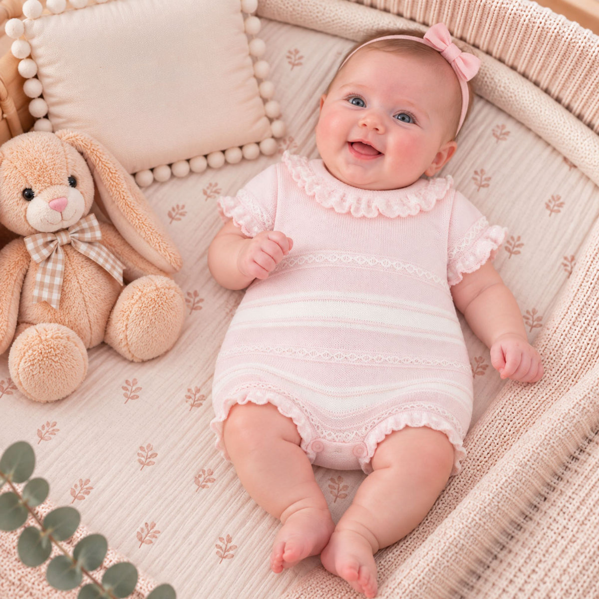 A baby wearing a light pink short-sleeve romper with ruffle trim and a matching pink bow headband, lying in a woven bassinet next to a stuffed bunny toy.