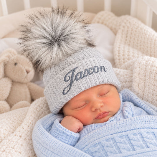 personlised newborn bay pom hat with grey pom