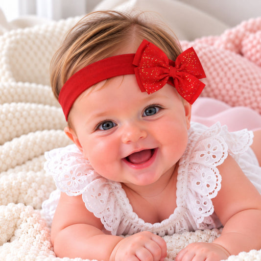 baby girl with red bow headband