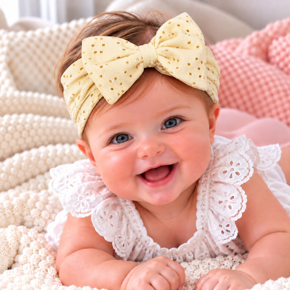 A smiling baby lying on a soft cream knit blanket, wearing a pale yellow fabric bow headband with small gold polka dots and a white eyelet lace romper.