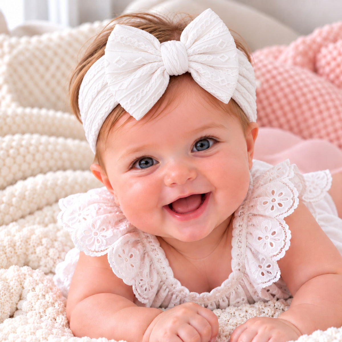 A smiling baby lying on a soft cream knit blanket, wearing a large white textured bow headband and a white lace top.