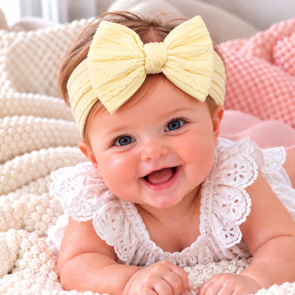 A smiling baby lying on a soft cream knit blanket, wearing a large pale yellow fabric bow headband and a white lace top.