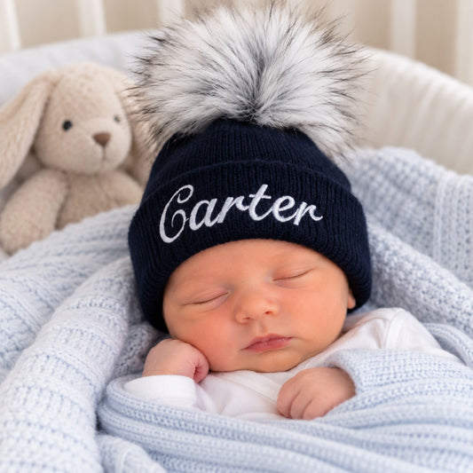 navy blue personalised baby pom hat