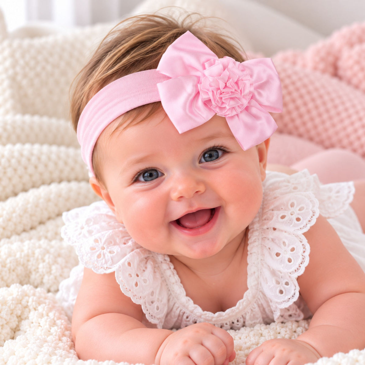 baby girl headband with pink bow and flower