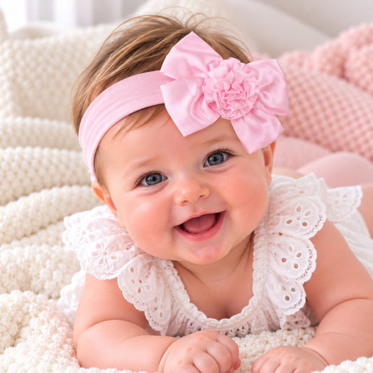 baby girl headband with pink bow and flower