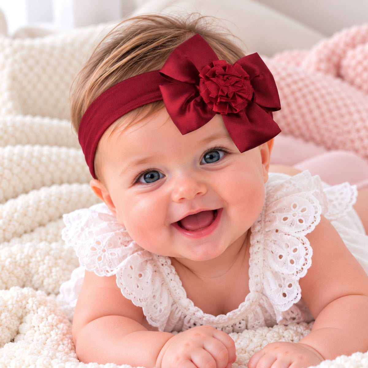 Baby Girls Satin Headband with Bow and Flower - Burgundy