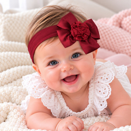 Baby Girls Satin Headband with Bow and Flower - Burgundy