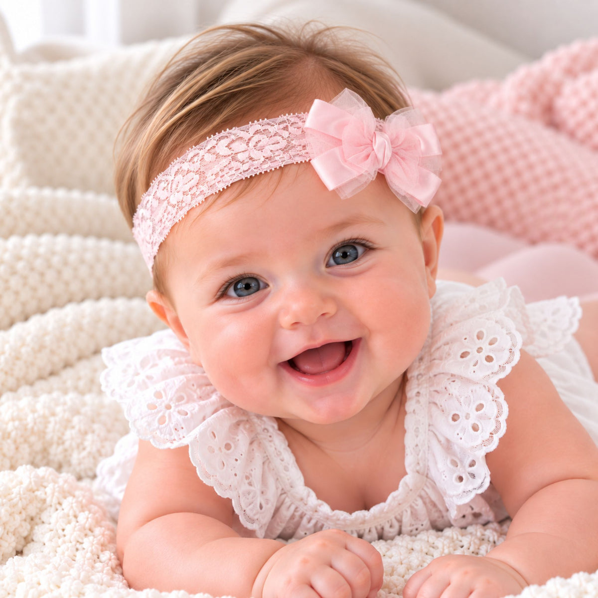 baby girl in pink lace headband.