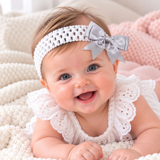 baby girl headband with silver grey bow
