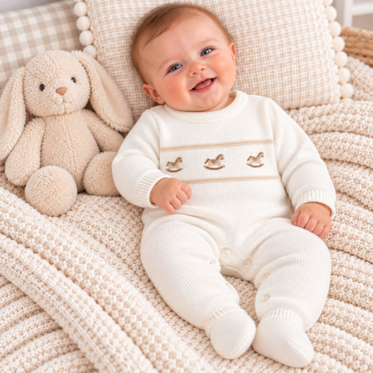 Baby Unisex White Knitted Baby All In One - Rocking Horse