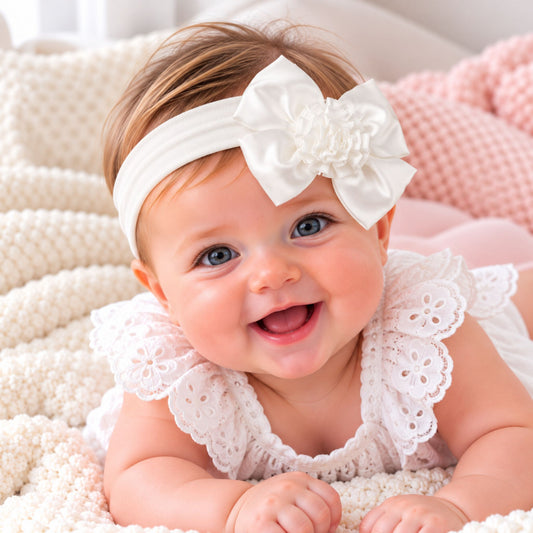 baby girl in white headband with flower bow