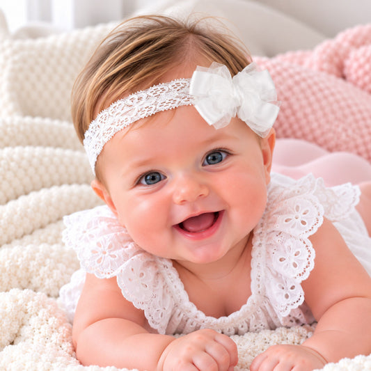 baby girl in white lace headband