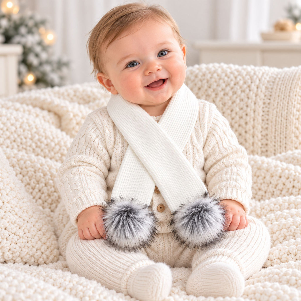 baby white scarf with fur poms