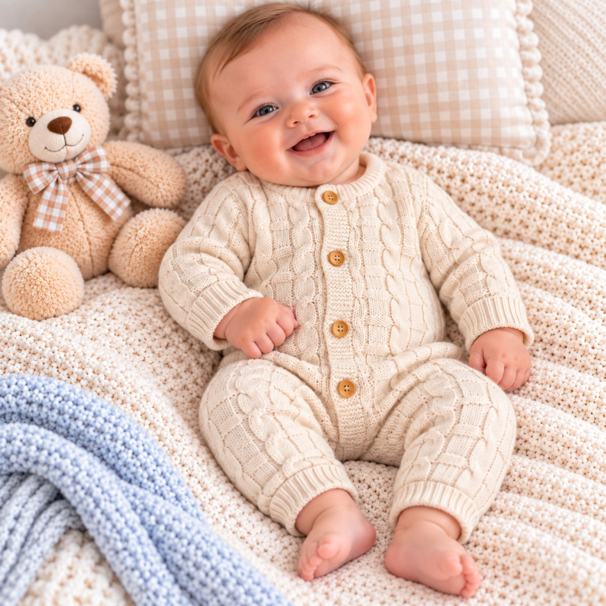 A smiling baby wearing a cream cable-knit one-piece romper with wooden buttons, sitting on a textured cream blanket next to a plush teddy bear and a blue knit throw.