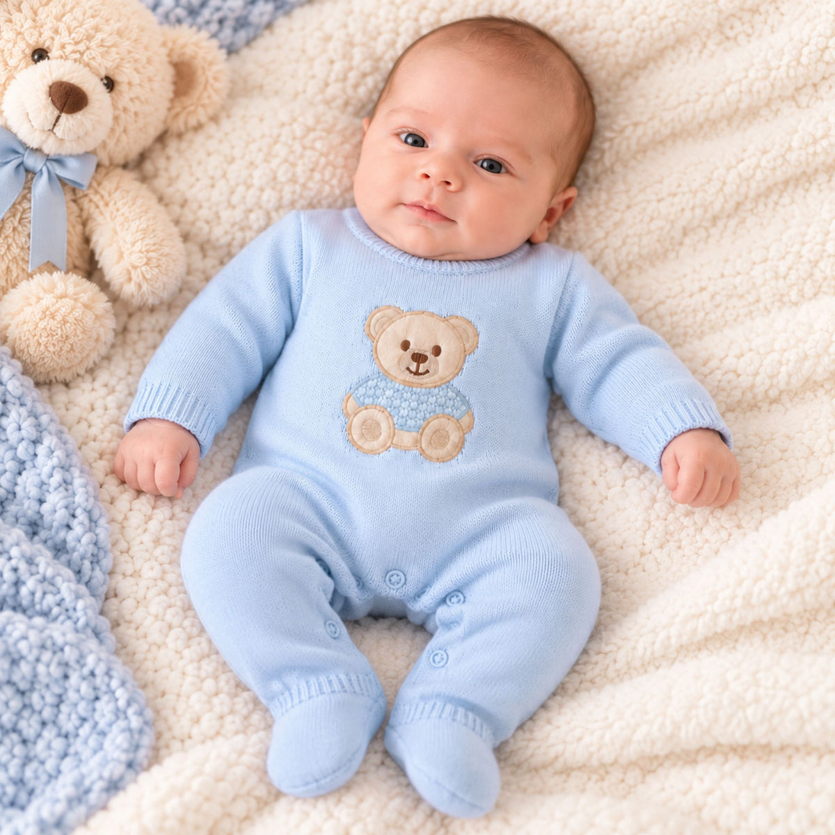 Baby boy knitted all in one blue 
