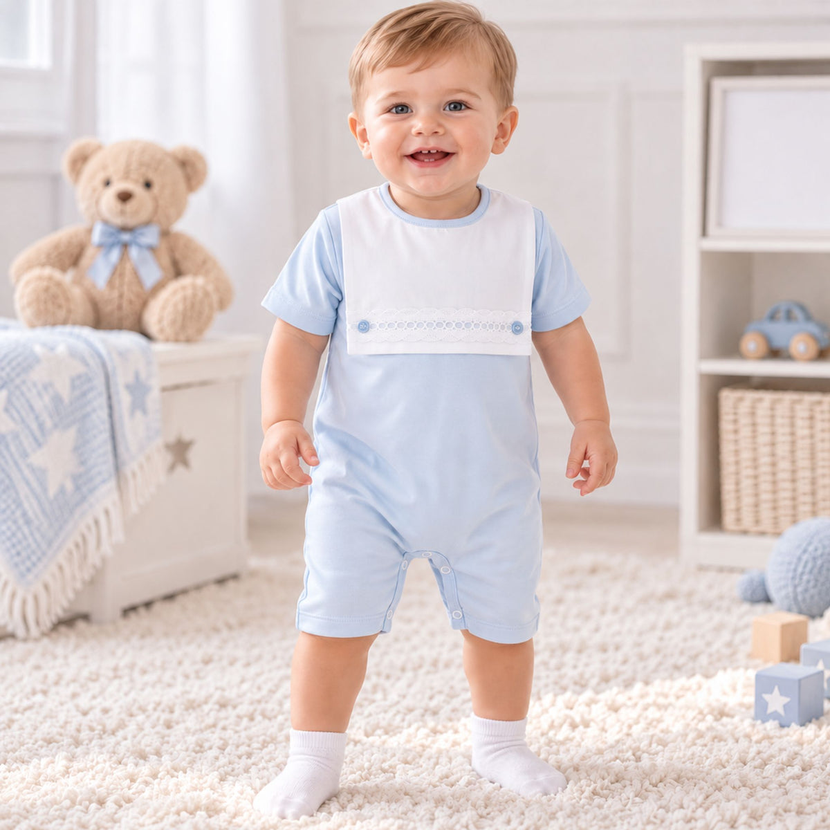 Baby Boys Blue Cotton Romper – Made in Portugal