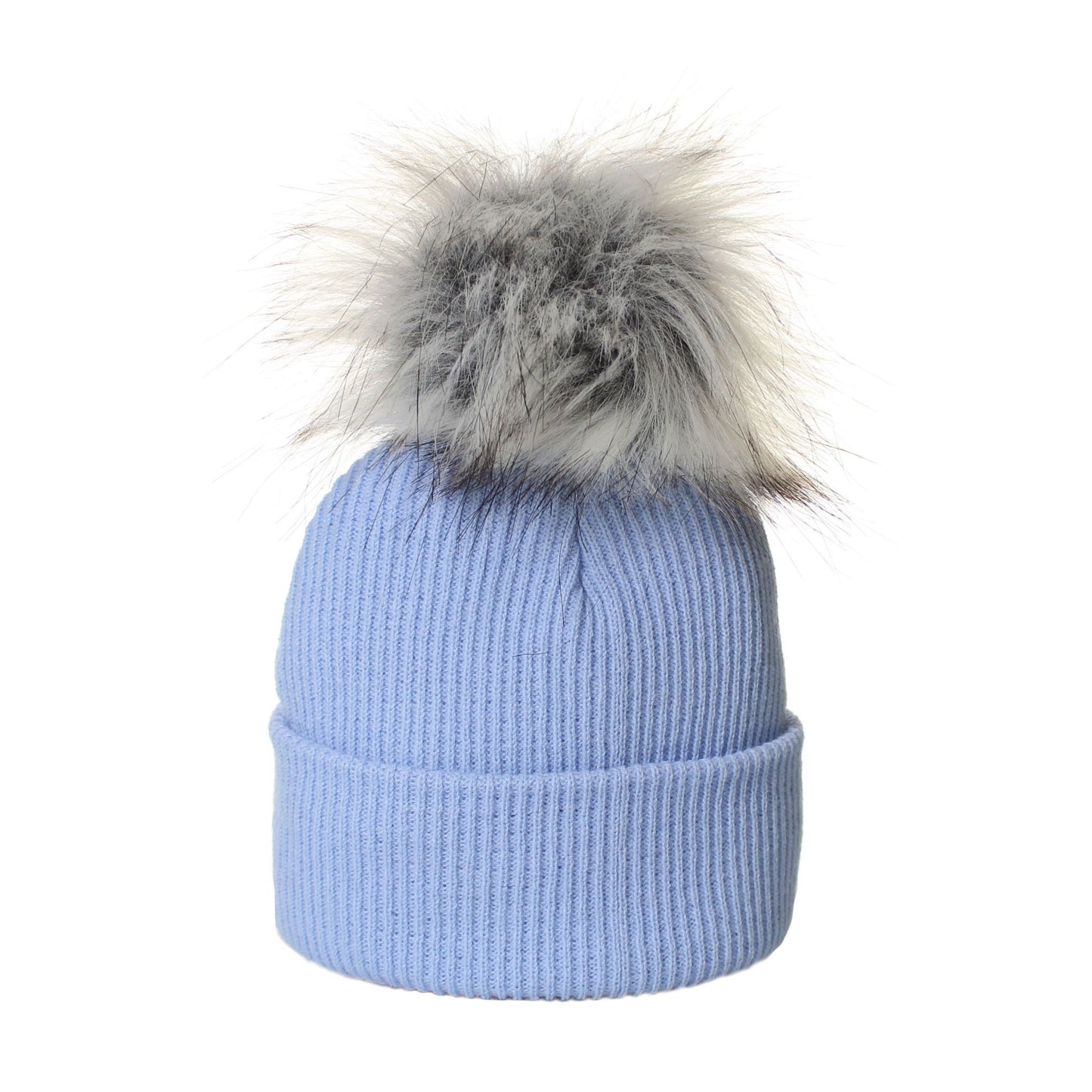 Light blue knit beanie with a fluffy gray pom-pom on a white background