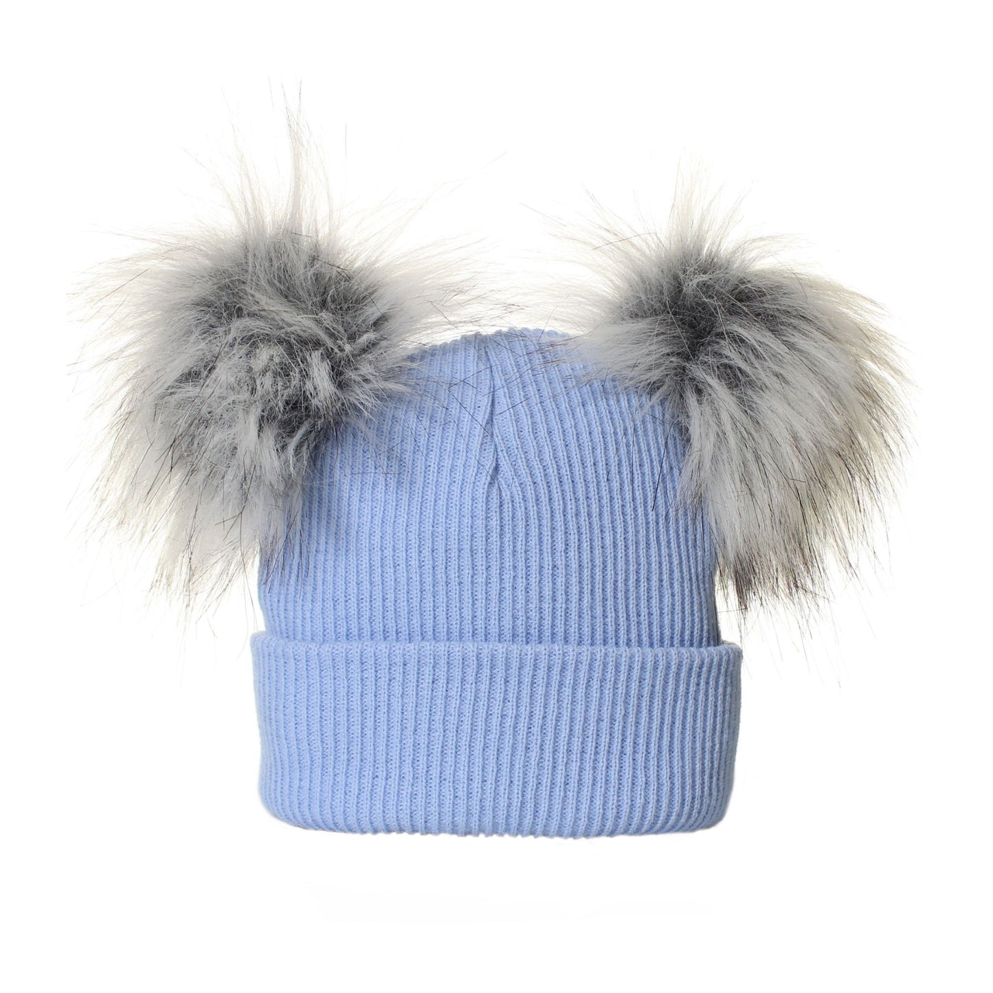 Light blue knit beanie with two large fur pom-poms on a white background