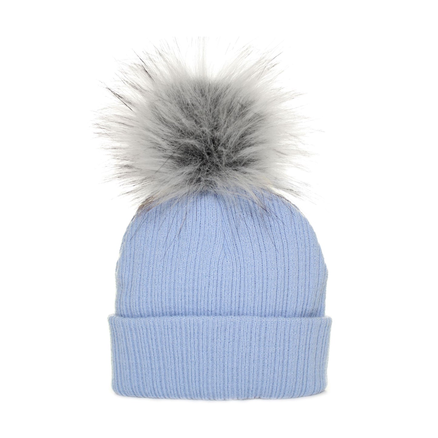 Light blue beanie with a gray faux fur pom-pom on a white background