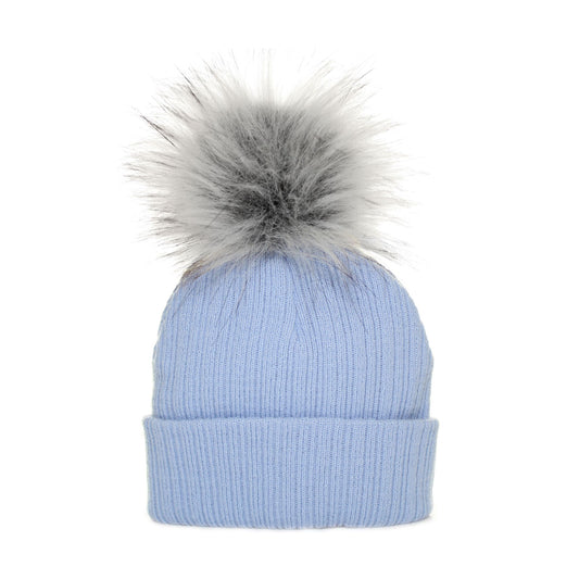 Light blue beanie with a gray faux fur pom-pom on a white background
