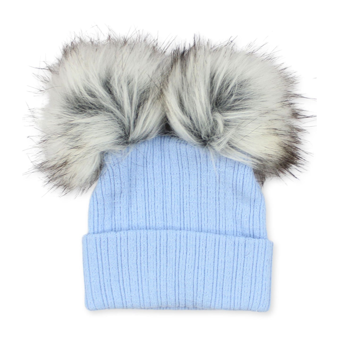 Light blue knit beanie with large fur pom-pom on a white background
