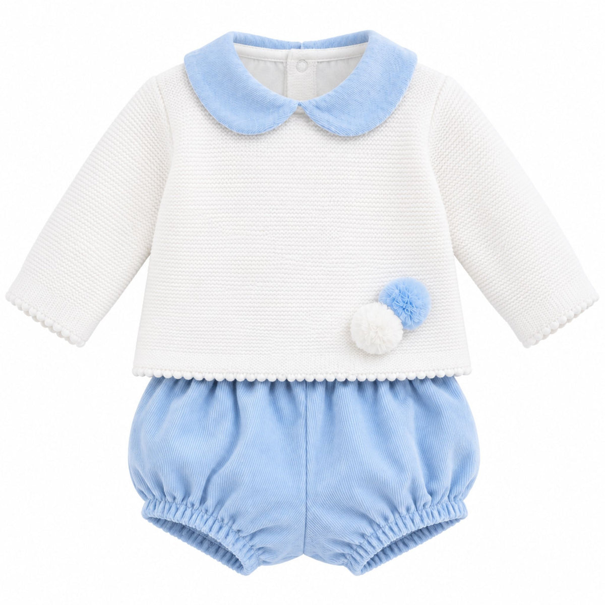 Baby boys white knitted jumper and blue corduroy shorts two piece outfit by Kleo Kids