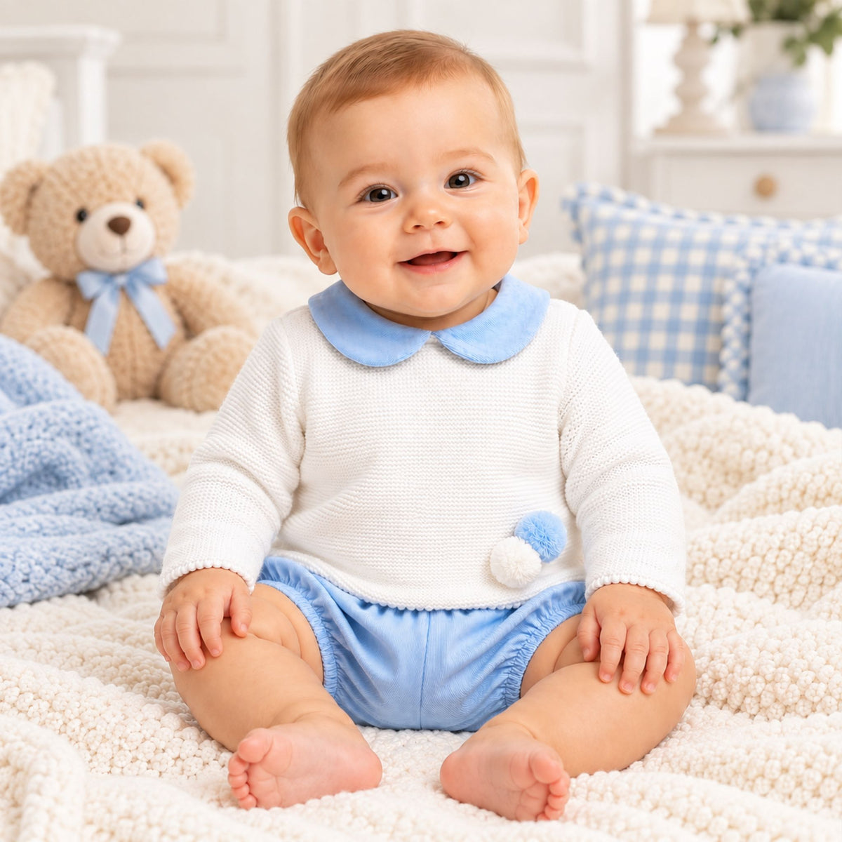 Baby boys white knitted jumper and blue corduroy shorts two piece outfit by Kleo Kids