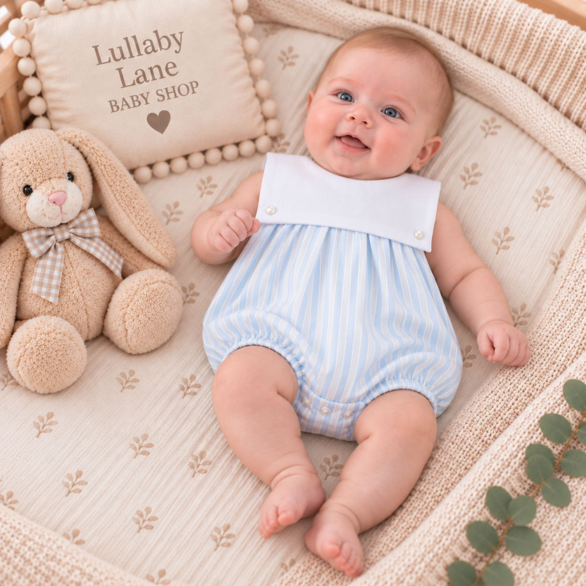 Baby Boys Blue & White Stripe Bubble Romper | Made in Portugal
