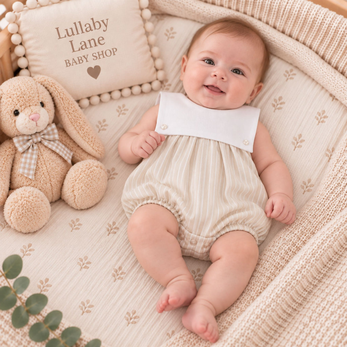 Baby Boys Beige & White Stripe Bubble Romper | Made in Portugal