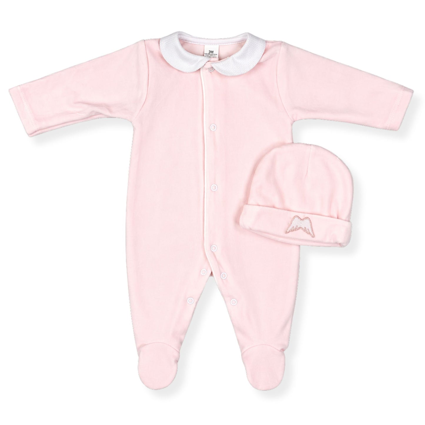 Pink baby sleepsuit with white collar and matching hat on a white background