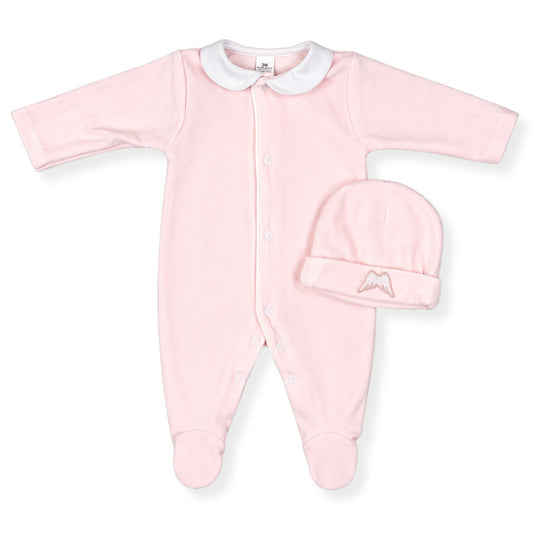 Pink baby sleepsuit with white collar and matching hat on a white background