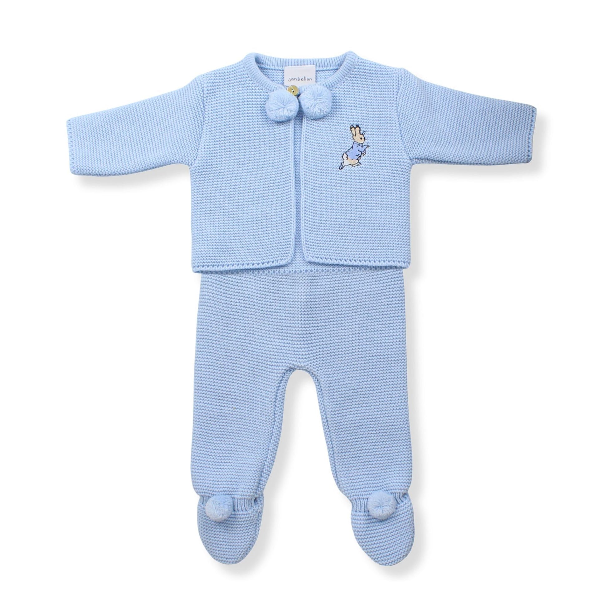 baby boys knitted 2 piece utfit with pom poms in a spanish style with pom poms and rabbit embroidery