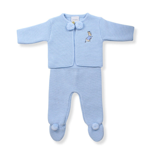 baby boys knitted 2 piece utfit with pom poms in a spanish style with pom poms and rabbit embroidery