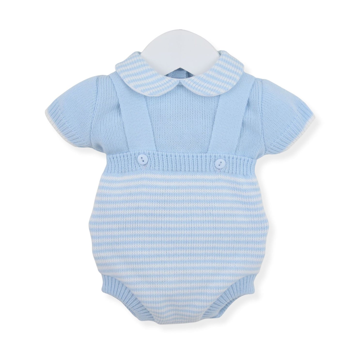 Blue and white striped baby knitted romper with collar on a white background
