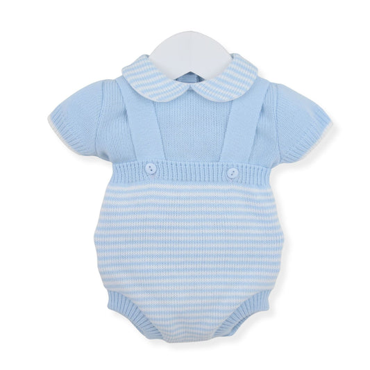 Blue and white striped baby knitted romper with collar on a white background