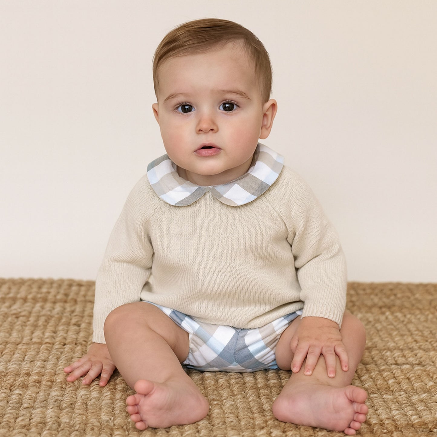 Baby Boys 2 Piece Outfit- Knitted Top & Jam Pants - Beige