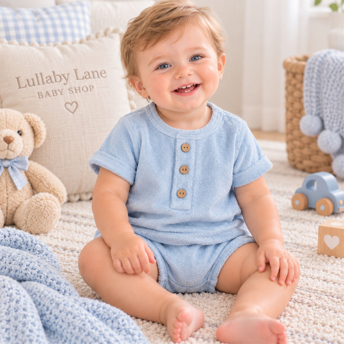 A smiling baby sitting on a cream carpet in a nursery, wearing a light blue short-sleeve romper with three wooden buttons. A beige pillow with 'Lullaby Lane Baby Shop' is behind the baby, next to a teddy bear, a blue toy car, and a blue knit blanket.