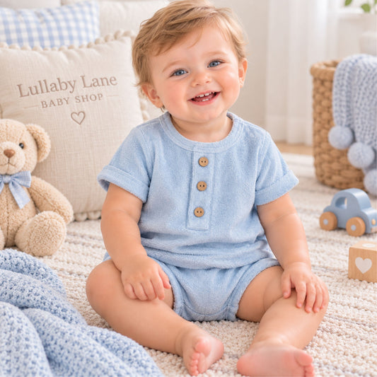 A smiling baby sitting on a cream carpet in a nursery, wearing a light blue short-sleeve romper with three wooden buttons. A beige pillow with 'Lullaby Lane Baby Shop' is behind the baby, next to a teddy bear, a blue toy car, and a blue knit blanket.