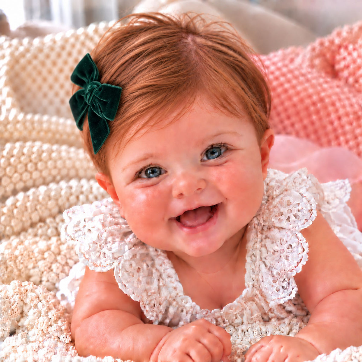 A smiling baby lying on a textured cream blanket, wearing a white lace romper and a dark green bow in her hair.