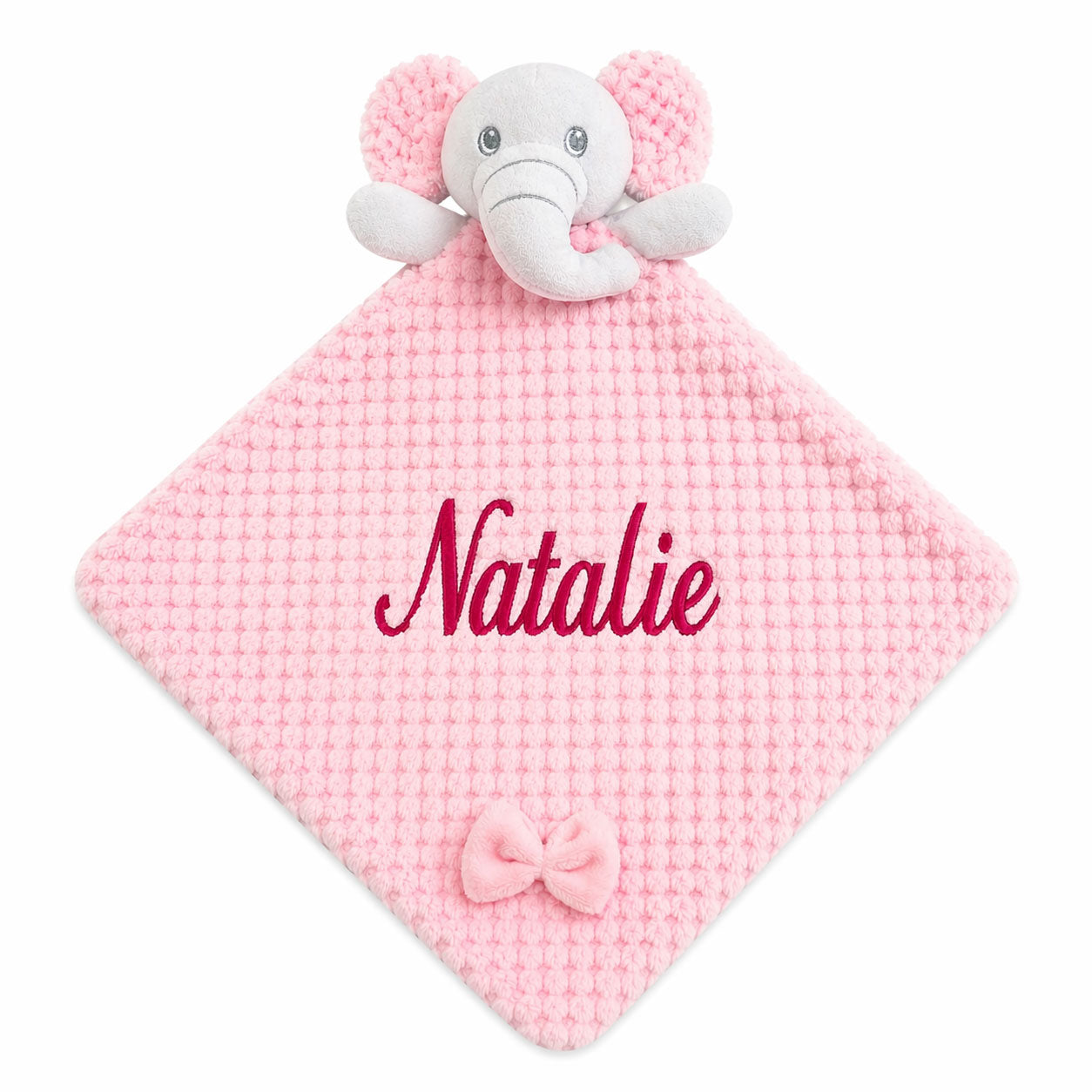 Personalised pink elephant baby comforter with crinkle ears and embroidered name