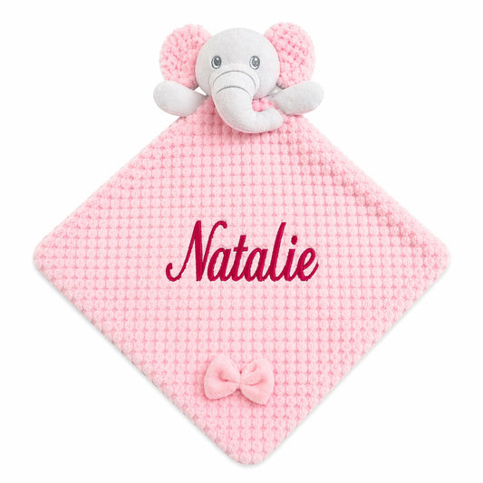 Personalised pink elephant baby comforter with crinkle ears and embroidered name