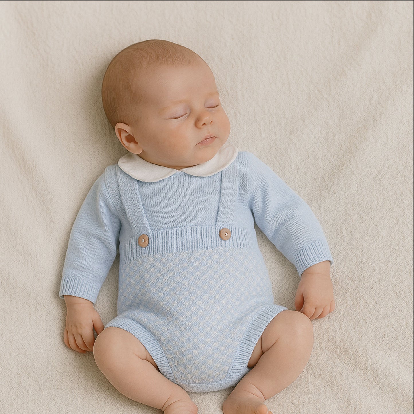 Baby wearing a light blue knitted romper with brown buttons on a beige blanket.