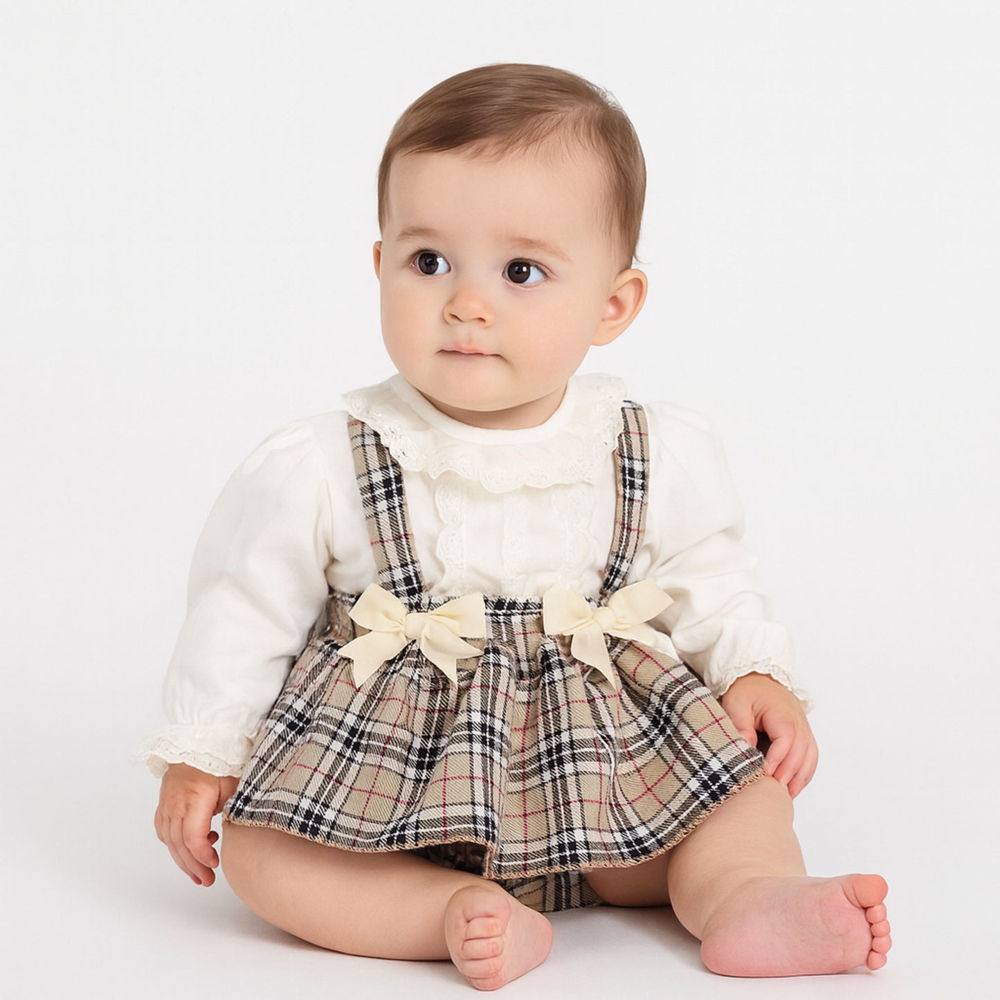 Baby wearing a plaid dress with a cream shirt on a light background